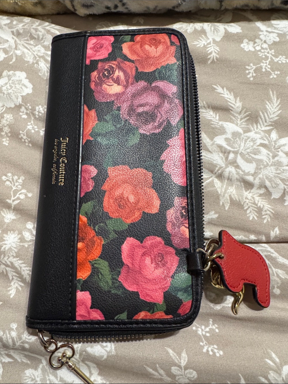 Juicy Floral Zip-Around Wallet - Black with Pink & Red Roses